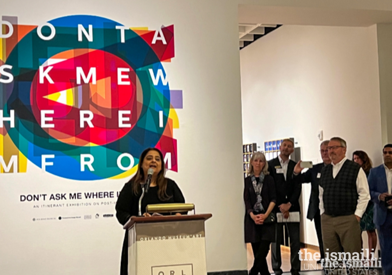 President of the Ismaili Council for Florida, Saima Hussain, offers her remarks to guests at the VIP Opening Reception of the exhibition.