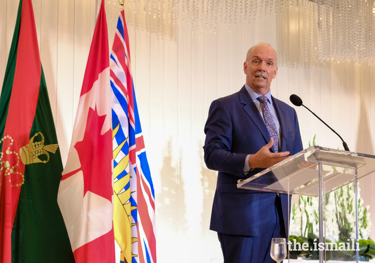 Premier of British Columbia John Horgan delivers remarks before signing the Agreement of Cooperation with the Province of British Columbia on behalf of the Ismaili Imamat.