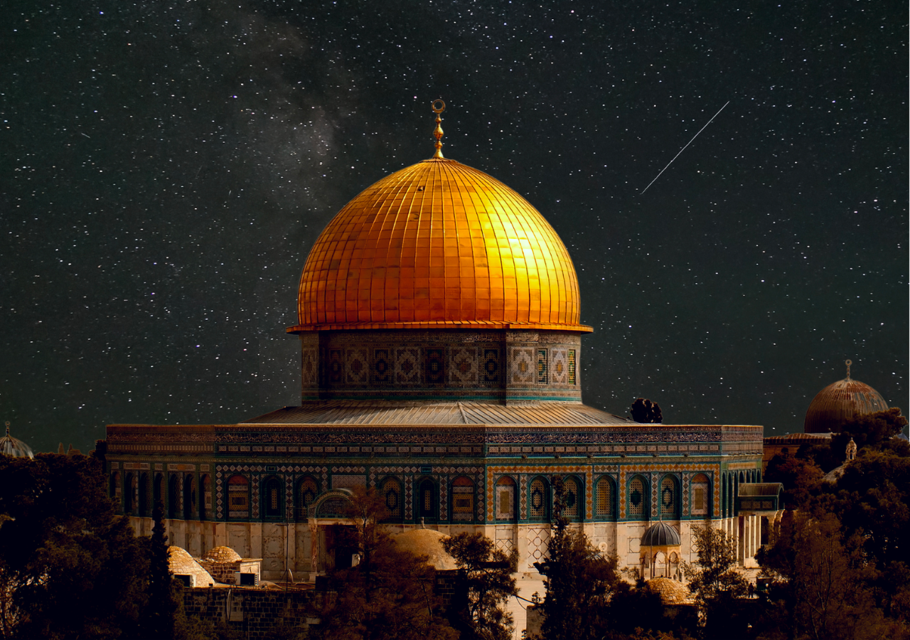 The Dome of the Rock is part of the Masjid al-Aqsa complex in Jerusalem. Some Muslim interpretations believe that this was the starting point of the Prophet's Mi'raj and the complex was later built in this location, and named as Masjid al-Aqsa, in part because of this belief.