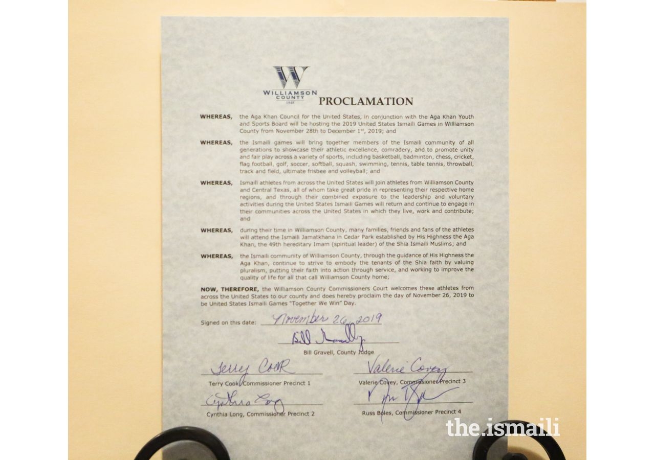 Proclamation of the United States Ismaili Games to be held in Williamson County. 