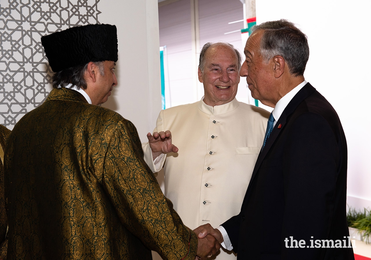 Mawlana Hazar Imam introduces President Marcelo Rebelo de Sousa to Ismaili Leaders International Forum Chairman Dr Mahmoud Eboo. 