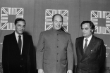 Ranjit Sabikhi (left) Indian architect and Ramesh Khosla (right), Canadian designer, posing with His Highness the Aga Khan after receiving the Aga Khan Award for Architecture for their design of the Sheraton Mughal Hotel at Agra, India.