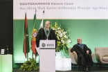 His Highness the Aga Khan delivers his acceptance remarks upon receiving an Honorary Doctorate from Universidade NOVA de Lisboa as Dr. Francisco Pinto Balsemão, Patron of the Doctorate looks on.