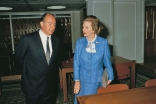Mawlana Hazar Imam and Prime Minister Margaret Thatcher tour the library of the Ismaili Centre, London.