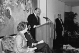Mawlana Hazar Imam addresses the audience at the Opening Ceremony of the Ismaili Centre, London, as Prime Minister Margaret Thatcher and Ismaili Council President Anil Ishani look on.