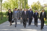 Mawlana Hazar Imam arrives at Khorog Park together with the First Deputy Prime Minister of Tajikistan and the Governor of Gorno-Badakhshan Autonomous Oblast. They are accompanied by the General Manager of the Aga Khan Trust for Culture and the AKDN Reside