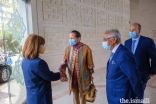 Princess Zahra welcomes Katerina Sakellaropoulou, President of Greece, to the Ismaili Centre, Lisbon, as Prince Hussain and Nazim Ahmad look on.