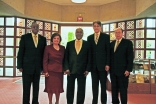 Gathered at the Ismaili Centre, Burnaby (L to R): His Excellency George Abola, High Commissioner for Uganda in Ottawa; Samira Alibhai, President of the Ismaili Council for British Columbia; His Excellency Professor Gilbert Bukenya, Vice President of Ugand