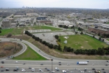 An aerial view of the Wynford Drive site, which is being developed into a park where the Ismaili Centre, Toronto and the Aga Khan Museum will be situated. The site is clearly visible from the adjacent Don Valley Parkway thoroughfare.
