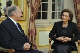 Mawlana Hazar Imam meeting with Her Excellency Suzanne Mubarak, the First Lady of Egypt, at the Old Winter Palace in Luxor. Hazar Imam is attending the Luxor International Forum to Combat Human Trafficking.