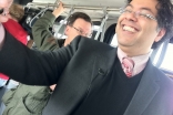 Mayor Naheed Nenshi rides the new Route 100 bus that connects downtown Calgary directly to the airport.
