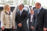 US Secretary of State Hillary Clinton arrives at the Ismaili Centre, and is received by AKDN Resident Representative Munir Merali and Muzaffar Djorubov, Executive Officer of the Ismaili Centre, Dushanbe.
