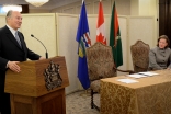Mawlana Hazar Imam addresses the gathering at Government House, as Alberta Premier Alison Redford looks on.