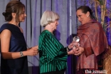 Princess Zahra is presented with the Huffington Award by Nancy C. Allen, Honorary Co-Chair and Asia Society Center Board Member, and Bonna Kol, President of the Asia Society Texas Center.