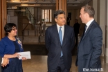 Dominic Raab, Secretary of State for Foreign and Commonwealth Affairs in conversation with Naushad Jivraj, President of the Ismaili Council for the UK, during a guided tour of the Ismaili Centre, London.