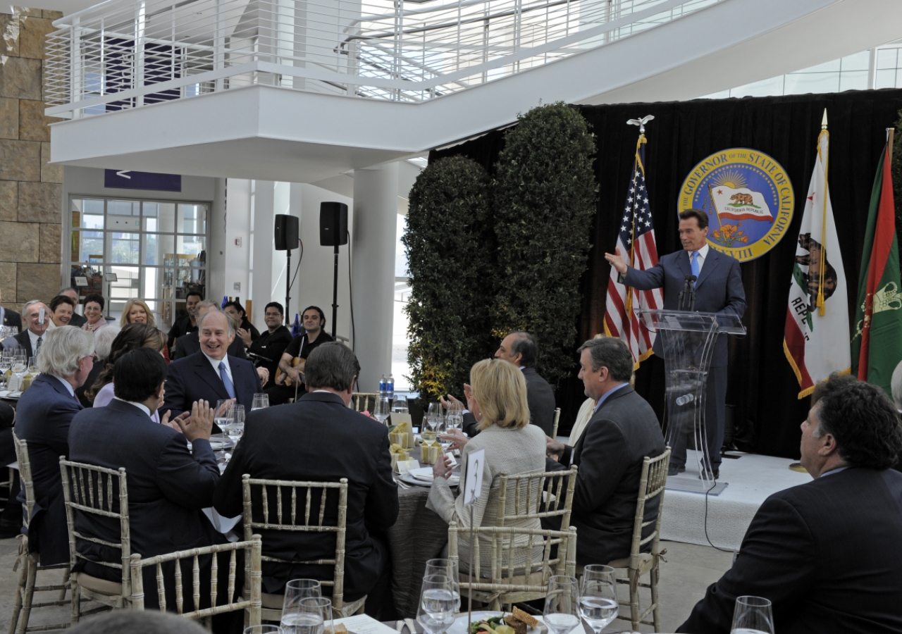 California Governor Arnold Schwarzenegger pays tribute to Mawlana Hazar Imam in his speech during the luncheon hosted at the Getty Center in Los Angeles.  