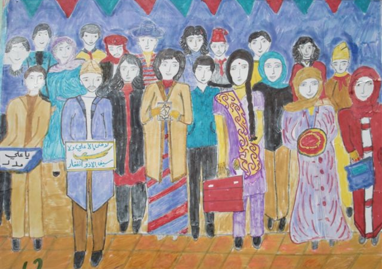 Yaara Mustafa Nassar, age 13 from Al Sunn represents &lt;em&gt;global pluralism&lt;/em&gt; by illustrating Jamati members of different origins presenting their nazrana to Mawlana Hazar Imam on the occasion of his Golden Jubliee.    