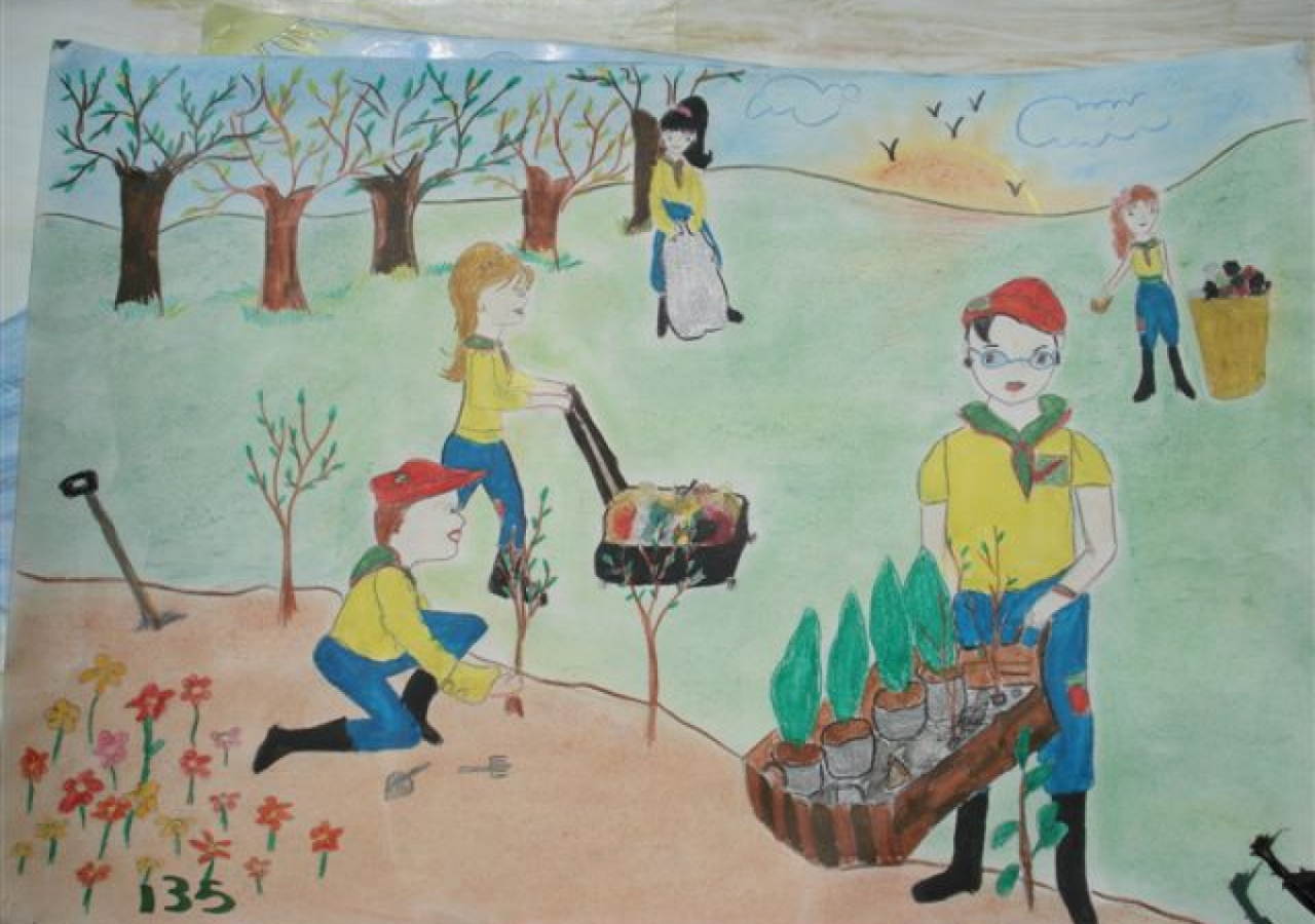 Haya Ahmed Al Hara &amp; Dannaa Ahmed Al Haraa from Tartos illustrate the ethic of voluntary service by depicting young scouts from the Jamat working in the fields. 
