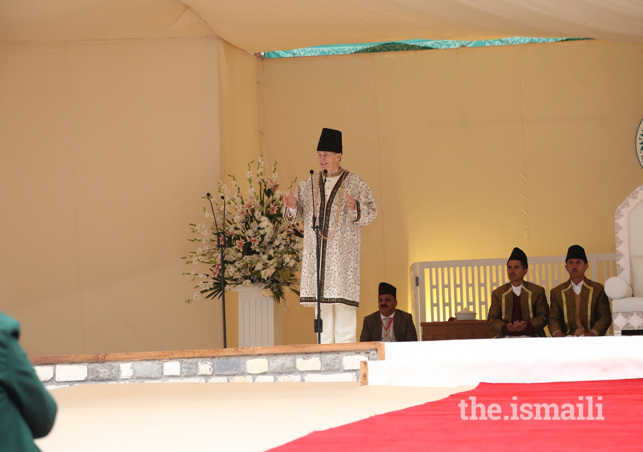 Mawlana Hazar Imam addresses the Jamat during the Darbar at Booni, Upper Chitral