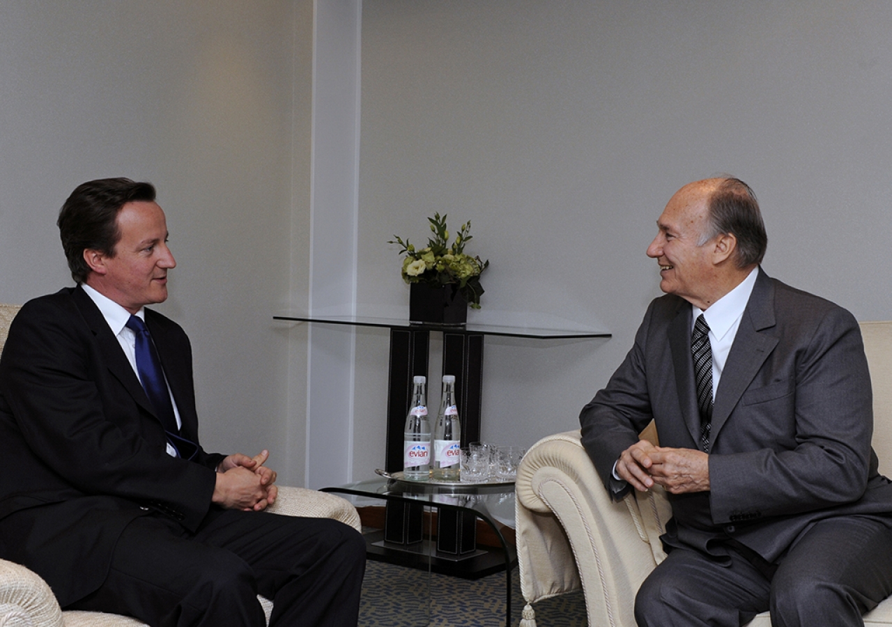 The Rt Hon David Cameron, Leader of the Opposition, with Mawlana Hazar Imam at The Ismaili Centre, London, 7 July 2008.