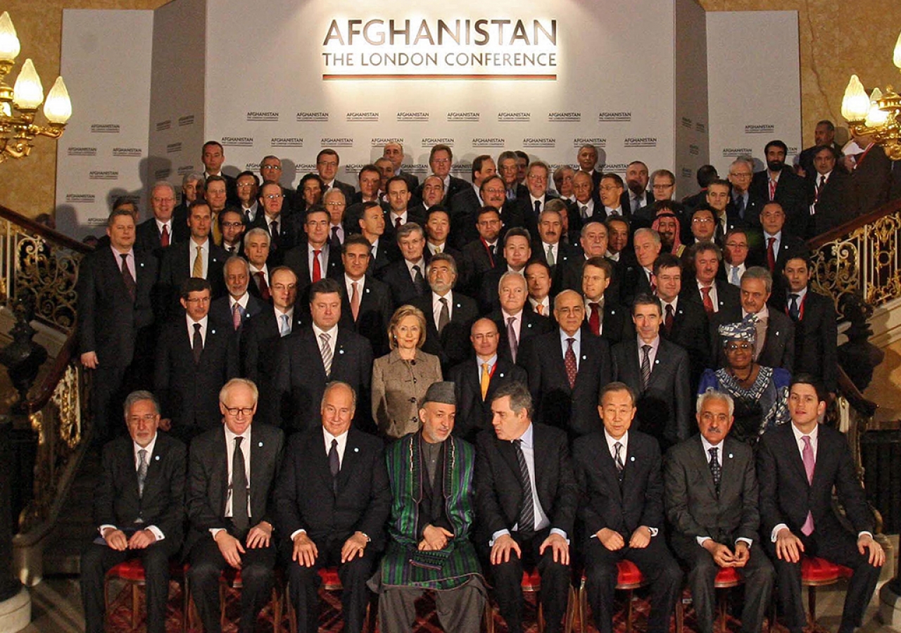 Mawlana Hazar Imam with world leaders at the London Conference on Afghanistan. First row, from L to R : Zalmai Rassoul, incoming Afghan Foreign Minister ; Kai Eide, United Nations Special Representative to Afghanistan ; Mawlana Hazar Imam ; Hamid Karzaï, President of Afghanistan ; Gordon Brown, United Kingdom Prime Minister ; Ban Ki-moon, United Nations Secretary-General ; Rangin Dadfar Spanta, incumbent Afghan Foreign Minister ; British Foreign Secretary David Miliband. London, 28 January 2010.