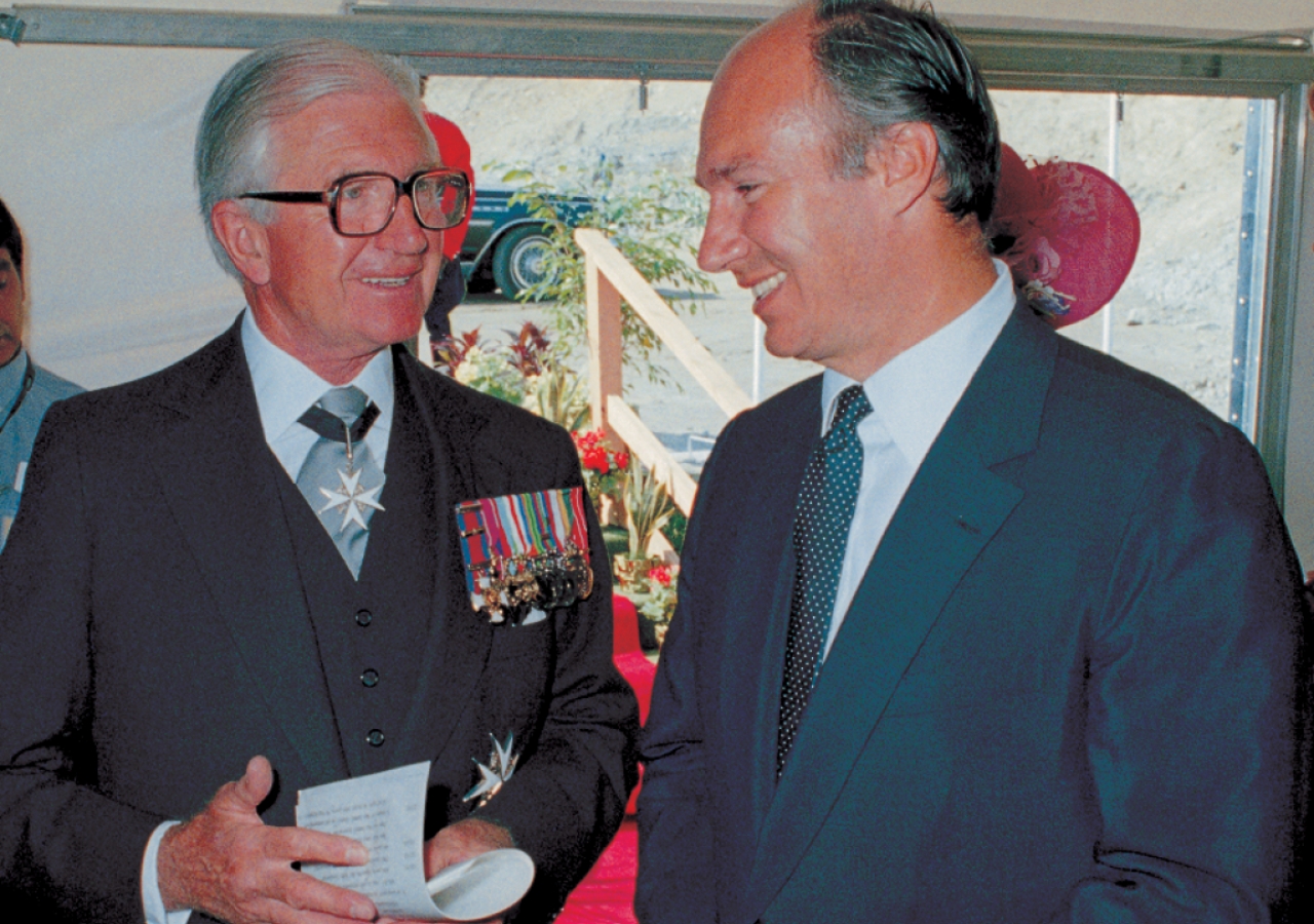 Mawlana Hazar Imam together with the Honourable Henry Bell-Irving, Lieutenant Governor of British Columbia, at the Foundation Ceremony of the Ismaili Centre, Vancouver.