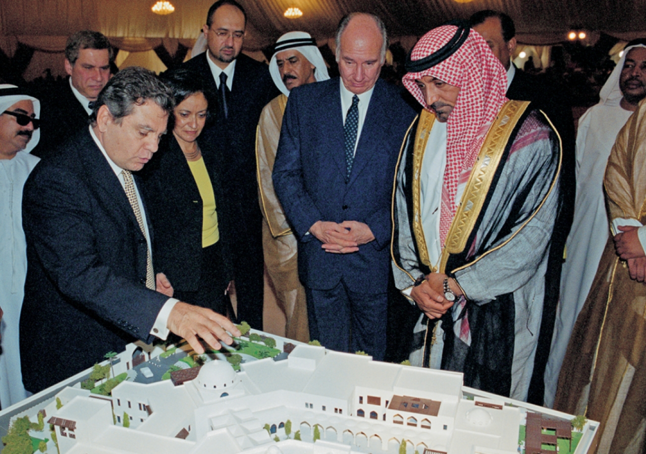 Architect Rami El Dahan shows Mawlana Hazar Imam and His Highness Sheikh Ahmed Bin Saeed Al Maktoum a model of the proposed Ismaili Centre, Dubai.