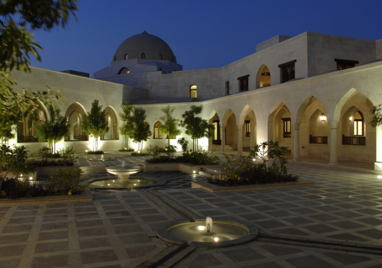 Fountains of arboreal calm: the Takhtabosh Courtyard at dusk.