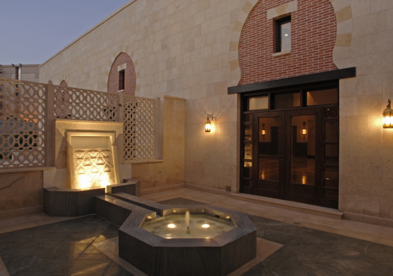 The salsabil water feature is the centrepiece of the intimate Morning Prayer Hall Courtyard.