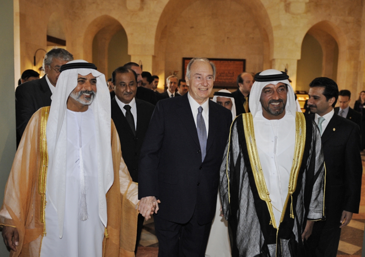 Mawlana Hazar Imam arrives with His Highness Sheikh Nahyan bin Mubarak Al Nahyan (left) and His Highness Sheikh Ahmed bin Saeed Al Maktoum for the Opening Ceremony of the Ismaili Centre Dubai.