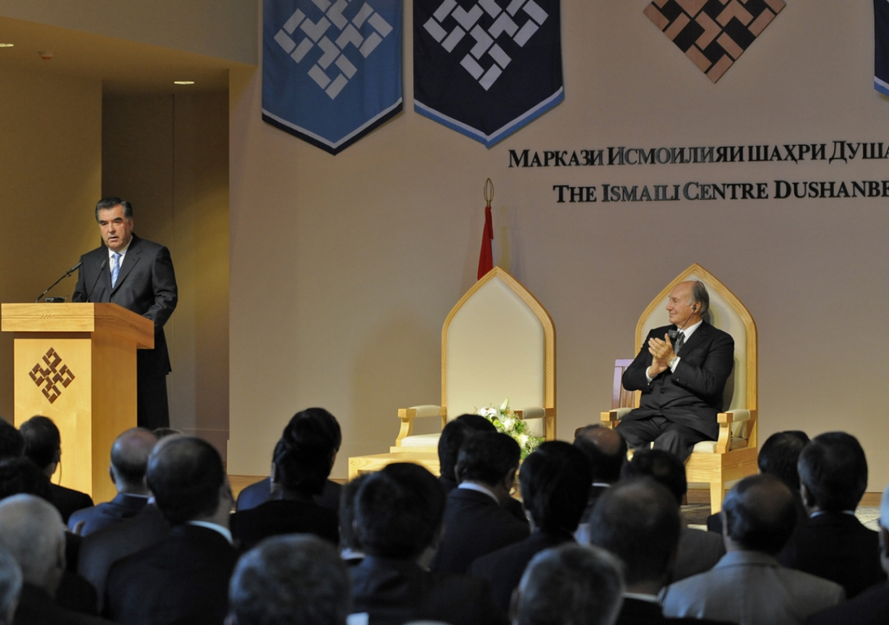 Tajikistan’s President, Emomali Rahmon, addresses the gathering at the Opening Ceremony of the Ismaili Centre, Dushanbe.
