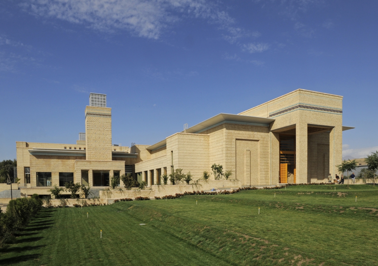 Looking across the lawn towards the Main Entrance of the Ismaili Centre, Dushanbe.