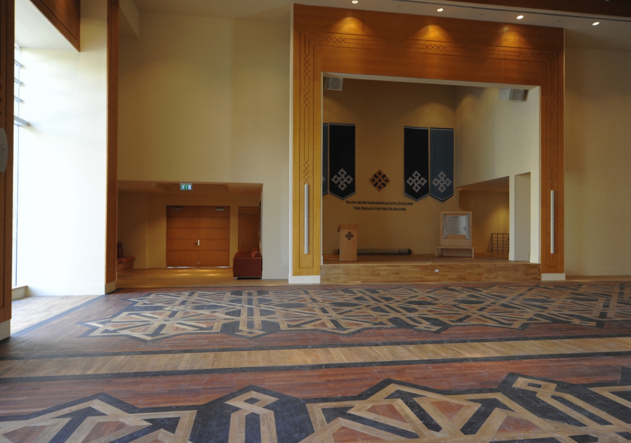The intricate, inlaid pattern of the Social Hall floor incorporates three different types of wood, adding to the elegance of this space.