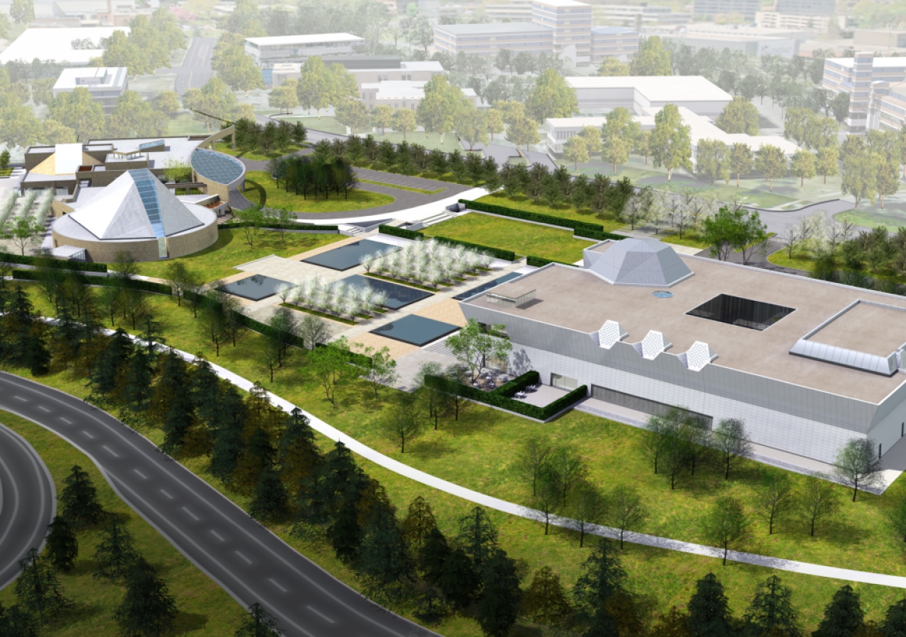 Artist rendering of the Ismaili Centre, Toronto, the Aga Khan Museum and their Park, situated along Wynford Drive adjacent to the Don Valley Parkway in Toronto.