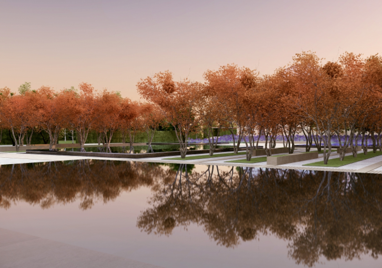 Artist rendering of an autumn view of the formal garden adjacent to the Ismaili Centre, Toronto.