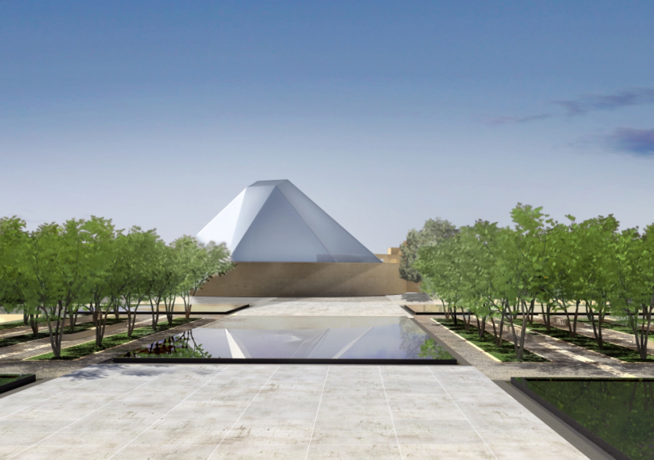 Artist rendering of a view of the Ismaili Centre, Toronto from the formal gardens.

