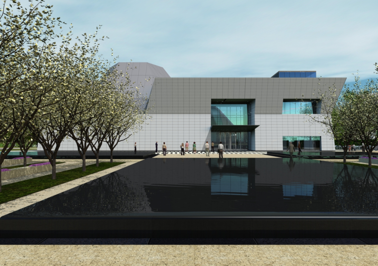 Artist rendering of the Aga Khan Museum, adjacent to the Ismaili Centre, Toronto, looking through the formal gardens.