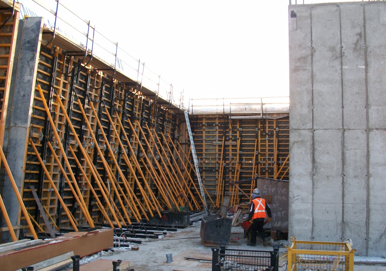 The formation of the inclined walls of the Aga Khan Museum, as seen on 9 December 2010 from what will eventually be the interior of the Museum.