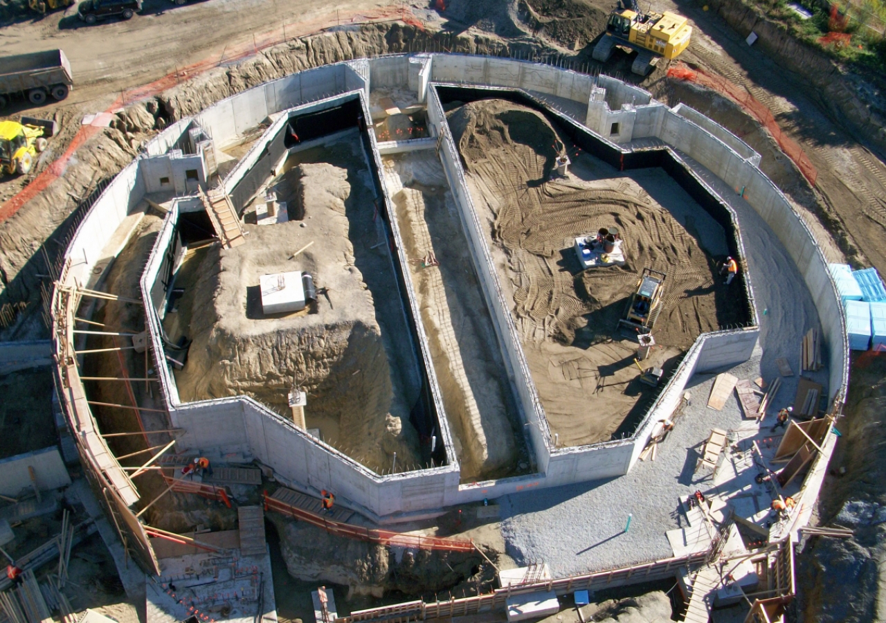 The foundation of the Prayer Hall of the Ismaili Centre, Toronto as seen from a construction crane on 1 October 2010.