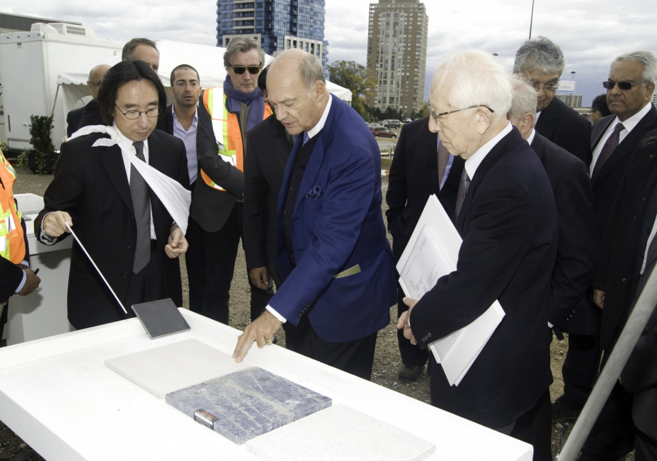 Fumihiko Maki and Gary Kamemoto of Maki &amp; Associates review materials for the exterior finish of the Aga Khan Museum with Prince Amyn in October 2010.