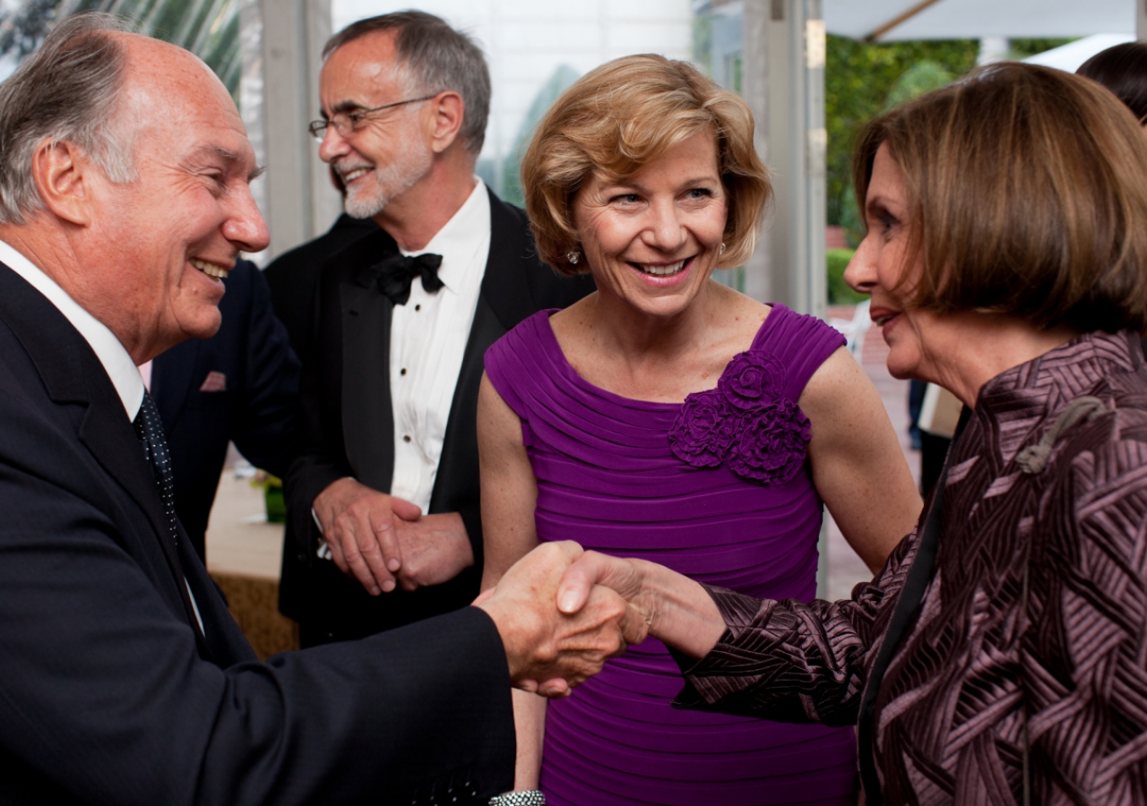 Mawlana Hazar Imam is greeted by Nancy Pelosi, Minority Leader of the United States House of Representatives, in the presence of UCSF Chancellor Susan Desmond-Hellman.