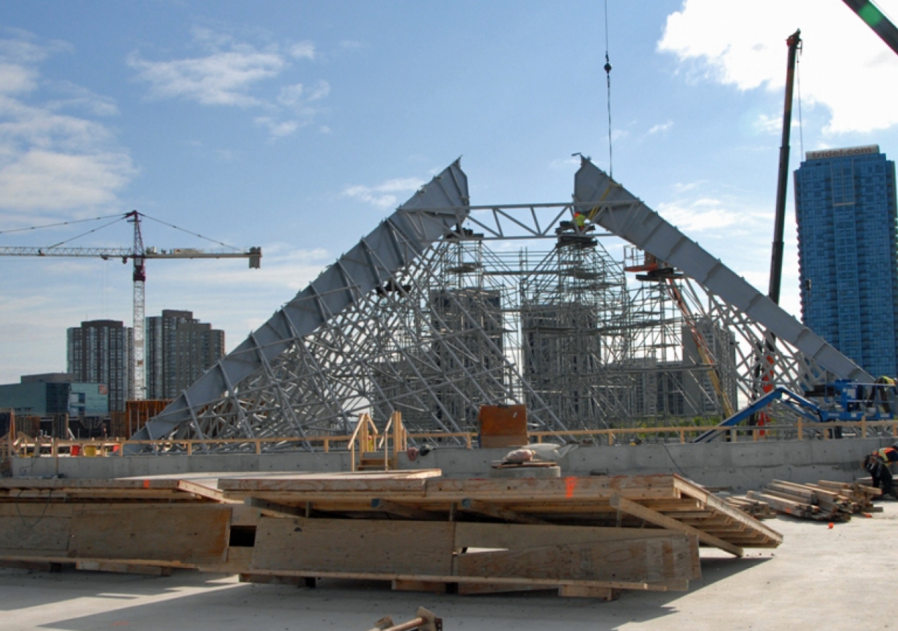 May 2011: The steel frame of the glass roof of the Ismaili Centre, Toronto, began to take shape in May 2011.