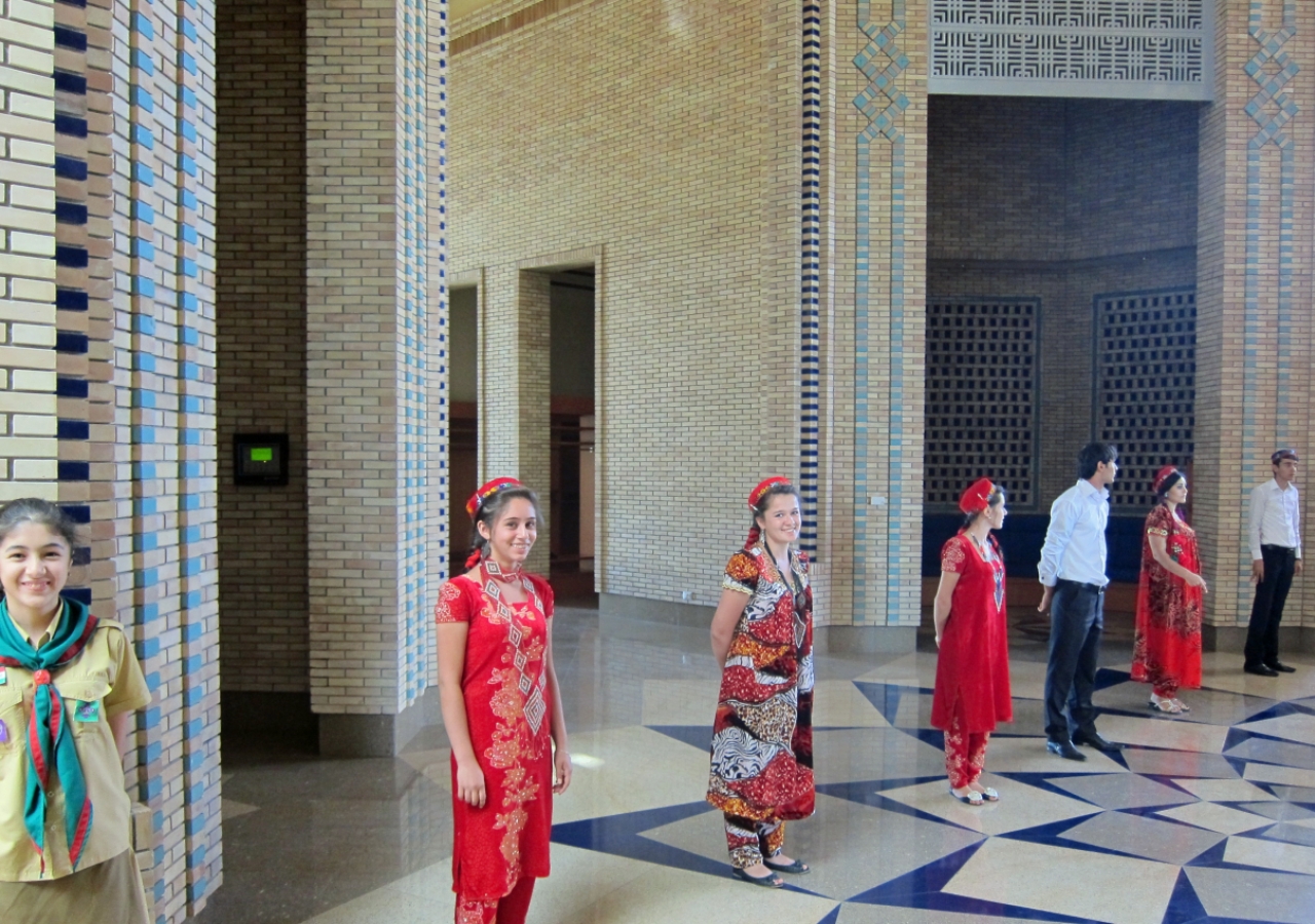 Volunteers prepare to welcome the Jamat to the Ismaili Centre, Dushanbe to celebrate Eid ul-Fitr.