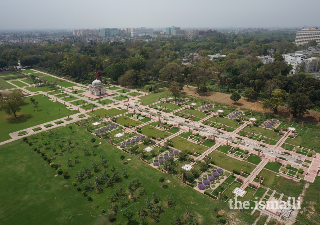 Aerial view over the newly constructed main spine of the Sunder Nursery public garden.
