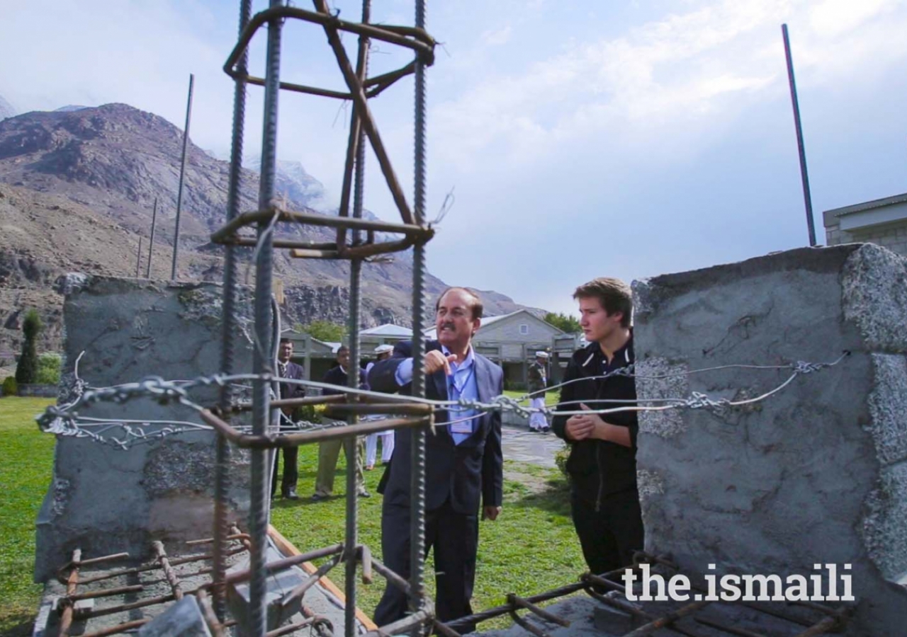 Prince Aly Muhammad learns about the impact of seismic resistant technology in Singal, Ishkoman Puniyal, Gilgit-Baltistan