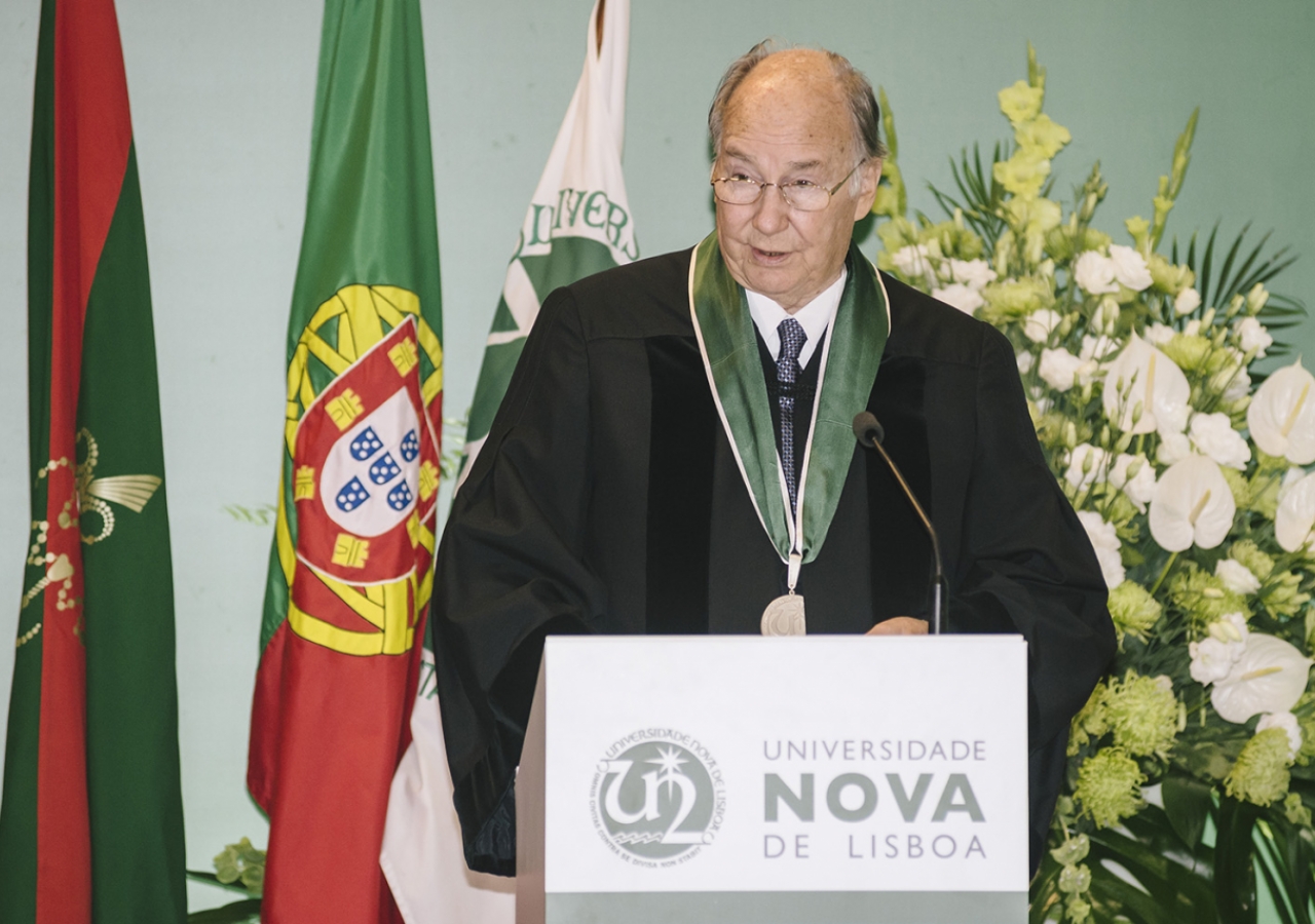 Mawlana Hazar Imam delivers his acceptance remarks upon receiving an Honorary Doctorate from Universidade NOVA de Lisboa. AKDN / Antonio Pedrosa