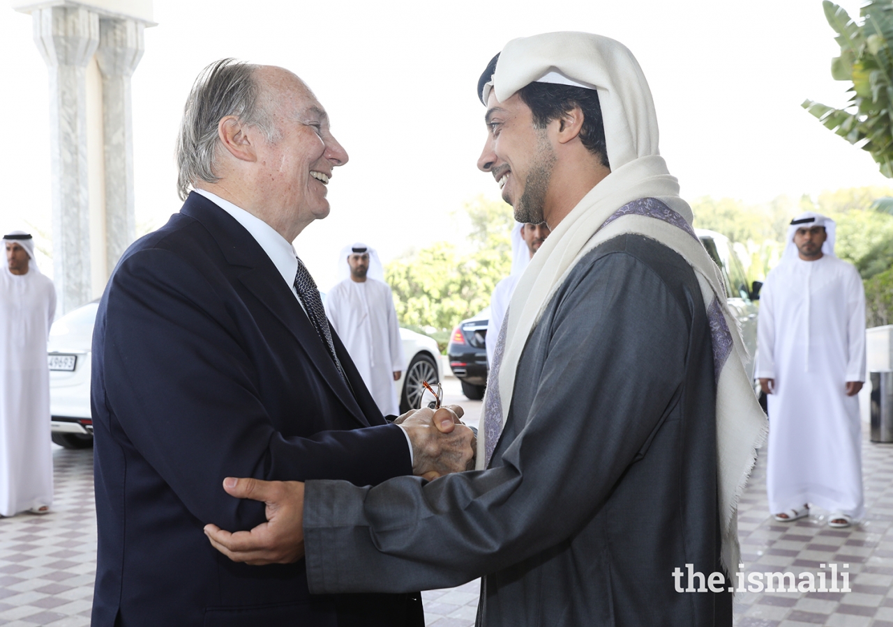 His Highness Sheikh Mansour bin Zayed Al Nahyan welcomes Mawlana Hazar Imam.