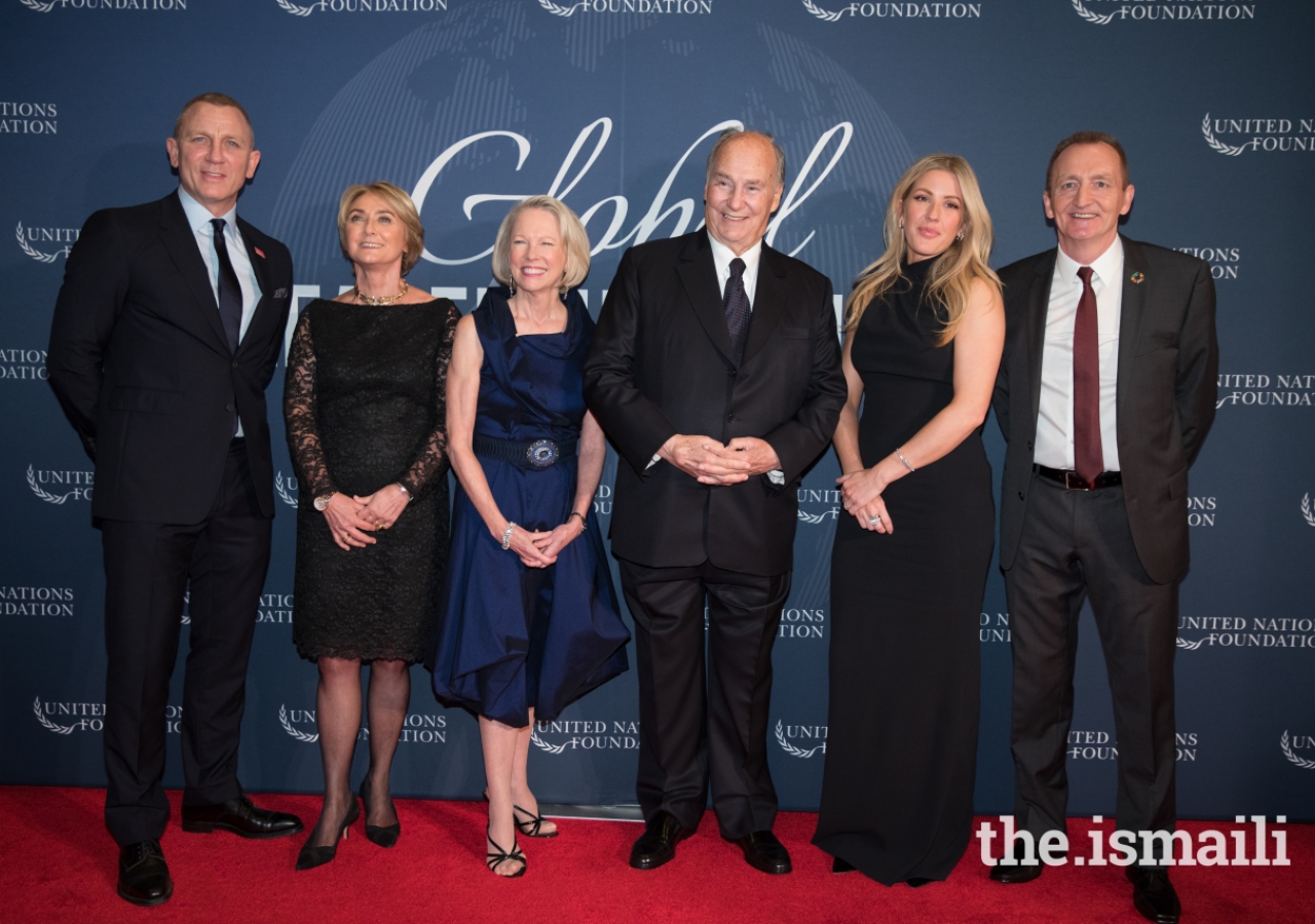 Honourees and Special Guests at the 2017 United Nations Global Leadership Dinner. From left to right: Daniel Craig, Agnès Marcaillou, Kathy Calvin, Mawlana Hazar Imam, Ellie Goulding, Grant F. Reid