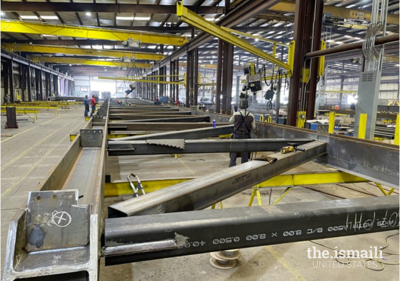 Truss assembly at fabrication shop.