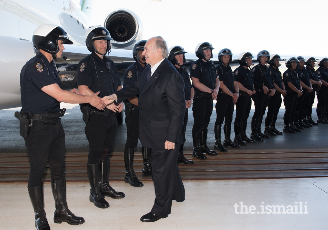 Mawlana Hazar Imam meets with all of the officers who served in his police escort during his stay in Vancouver.